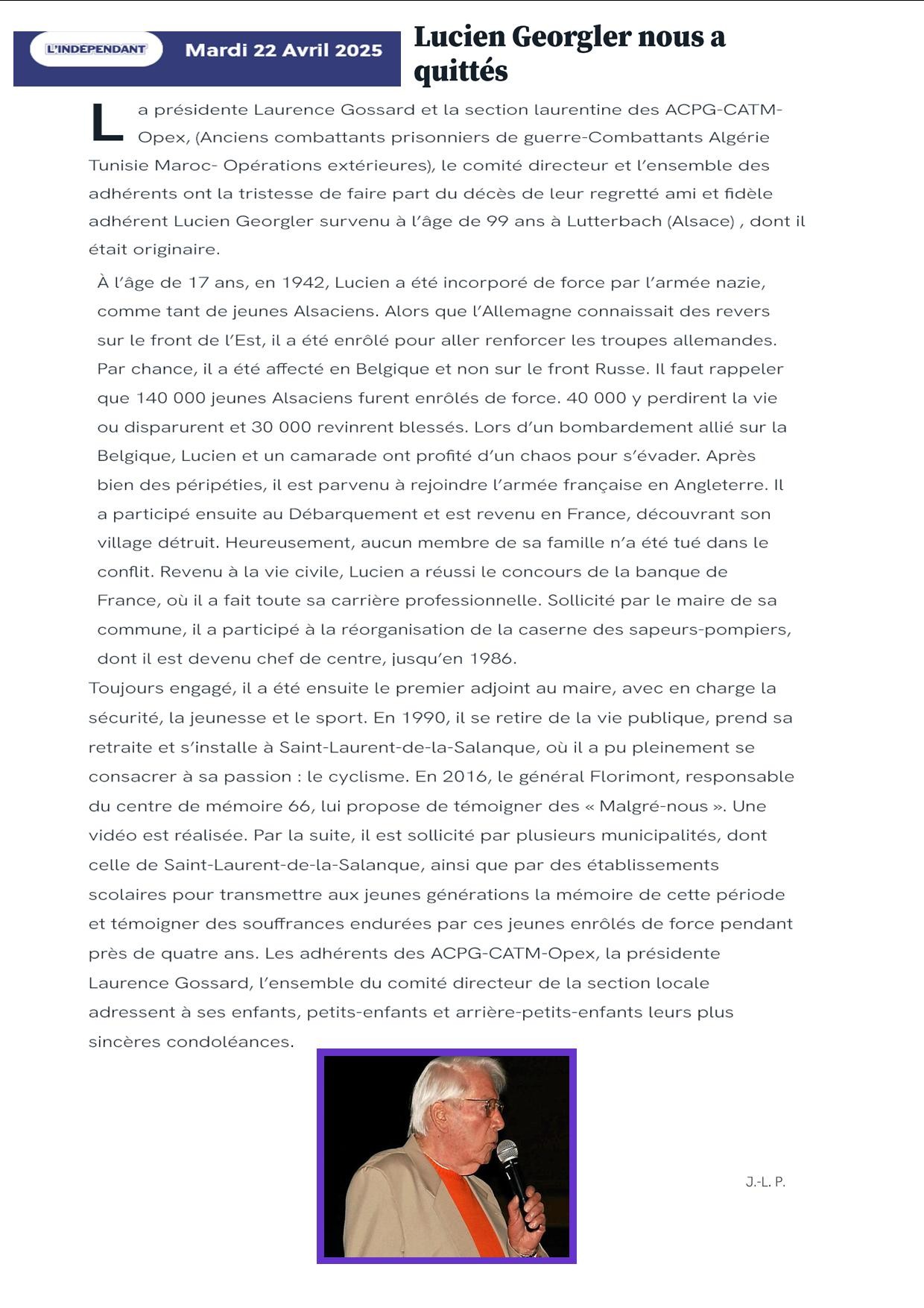 Revue de presse décés de Lucien Georgler